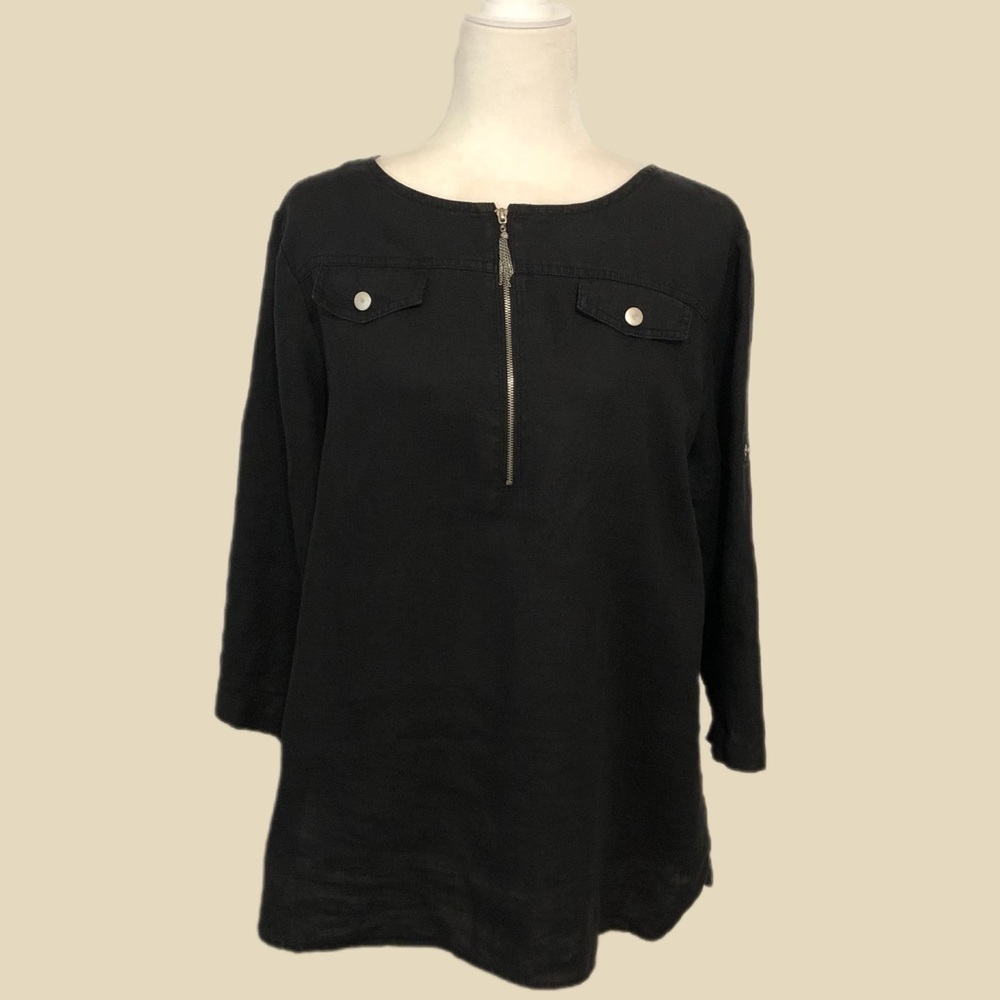 Ellen Tracy Black Quarter Zip 100% Linen Tunic Top Medium